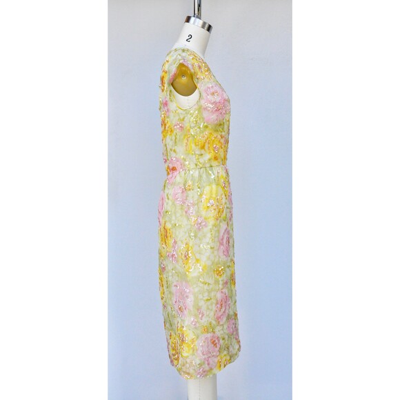 Nat Kaplan SILK Floral 50s Dress Sequined Beaded Pencil Wiggle Dress Bombshell - Picture 6 of 10
